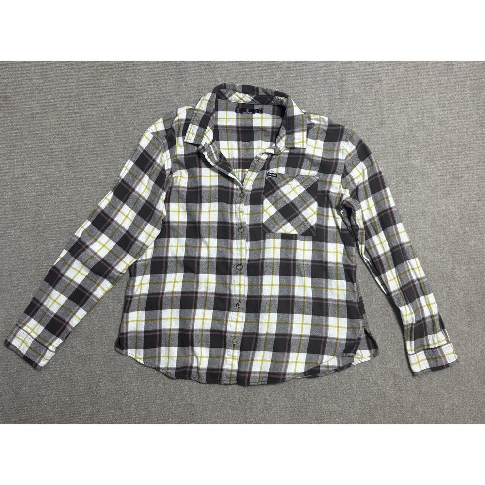 Volcom Shirt Womens Medium Gray White Yellow Plaid Flannel Long Sleeve Button Up